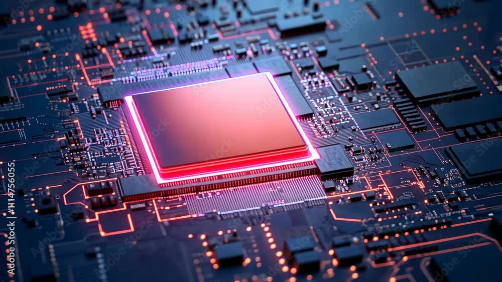 Aufkleber close-up of a computer chip with glowing edges and intricate circuitry in a tech environment