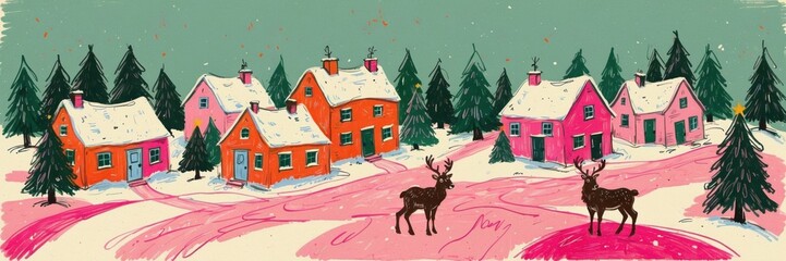 Modern Naïve Christmas Village Banner – Snowy Scene with Stylized Reindeer and Pines