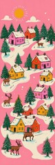 Naïve Christmas Village Bookmark – Modern Holiday Illustration with Snowy Houses and Stylized Reindeer
