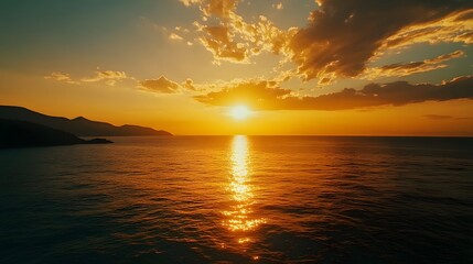 Golden hour paints the sky and sea in vibrant hues as the sun sets over a serene coastal landscape.