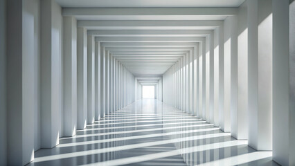 Obraz premium Abstract white corridor 3D render with repeating arches, sharp shadows and reflection on the floor