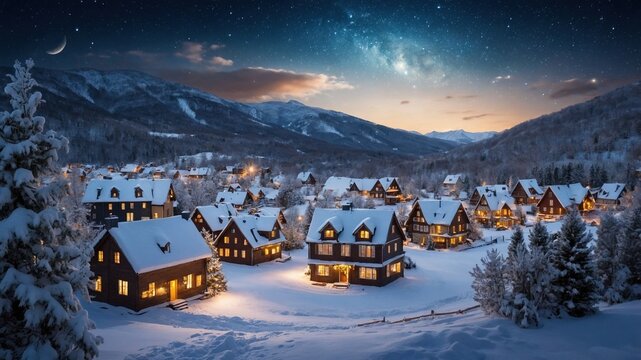 Paisaje nocturno de Navidad con aldea nevada y luces c&aacute;lidas en la noche