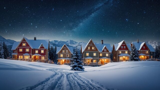 Pueblo navide&ntilde;o iluminado con casas de madera y nieve bajo cielo estrellado