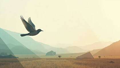 Naklejka premium A lone bird soars gracefully across a serene sun kissed landscape.