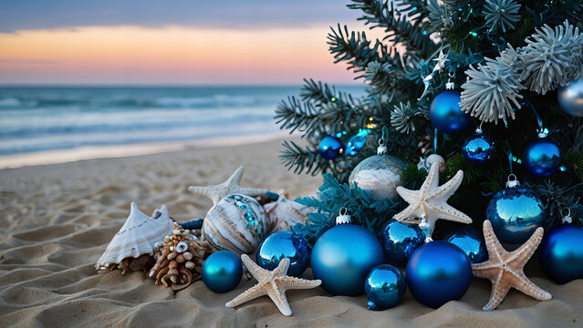 Christmas tree decorated with blue ornaments and seashells on a sandy beach at sunset. Coastal holiday theme for design and print