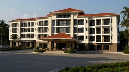 Obraz premium Modern hotel building with spacious parking lot and lush landscaping.