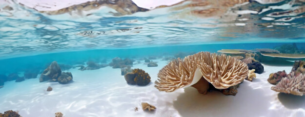 Underwater scene of ocean surface and dead coral reefs with bleached coral formations below.