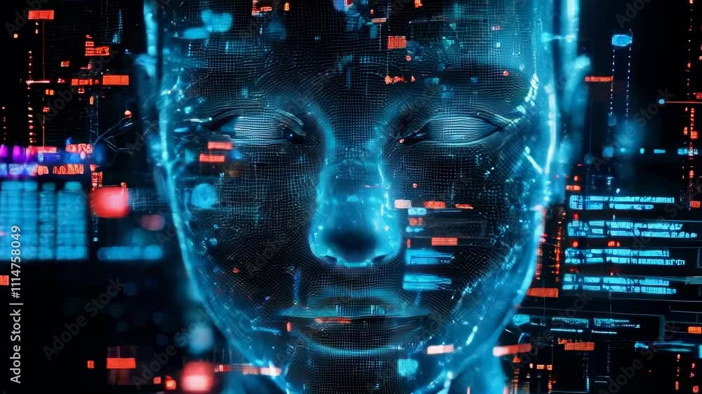 Poster facial recognition technology, human face with abstract digital data on computer screen. concept of 