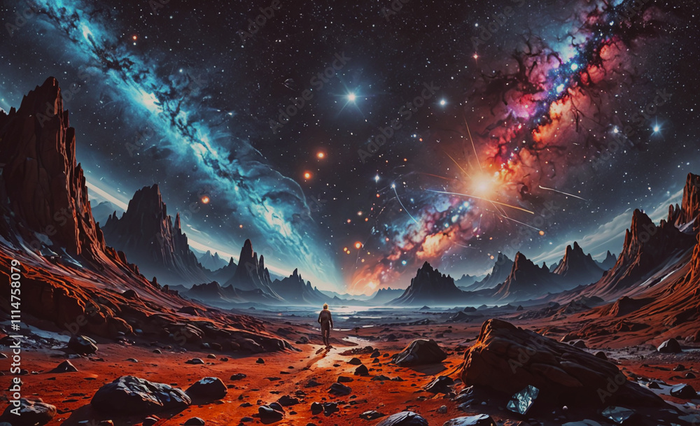 Poster man is walking in a desert with a large planet in the background. the planet is surrounded by a larg
