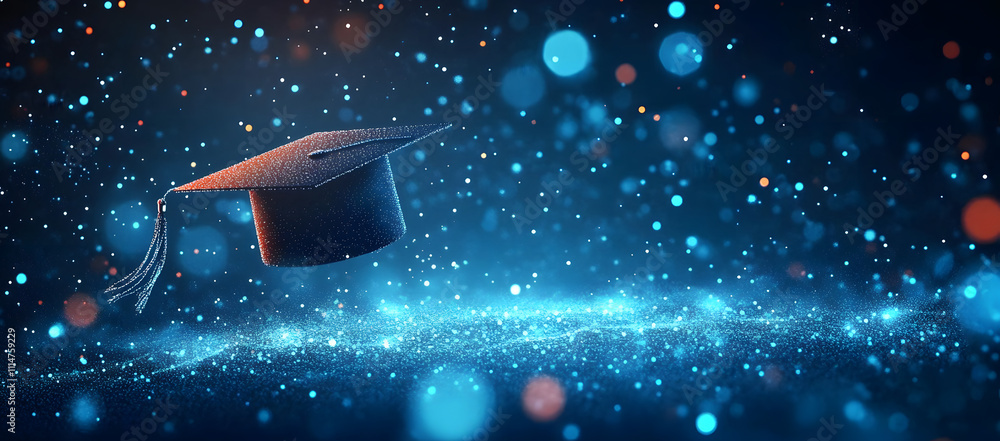 Poster abstract digital technology background with a graduation cap floating on blue glowing light particle