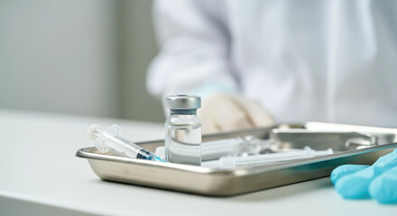 Fototapeta premium Medical professional preparing syringes and vial for injection, close-up