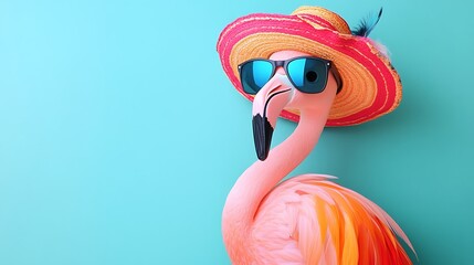 Pink flamingo in summer hat and sunglasses against a teal background.  Summer vibes!