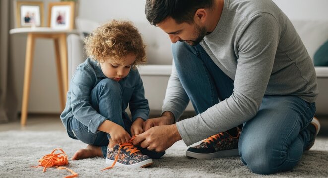 Father helping child tie shoes in cozy home setting