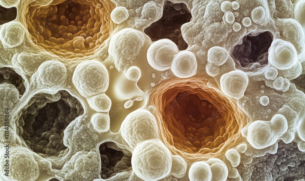 Poster a microscopic view of different types of adipose cells including white and brown fat cells. the brow