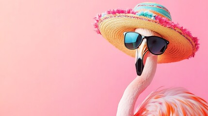 Flamingo in summer hat and shades. Pink background.