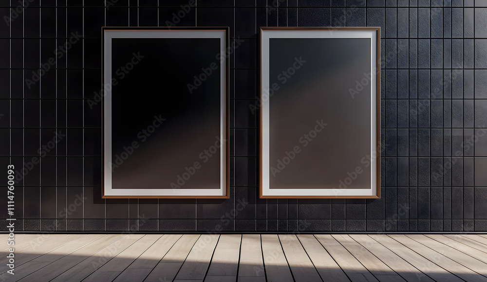 Poster two vertical empty poster frames on a black tiled wall with wooden floor. 3d rendering