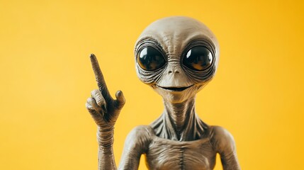 Friendly alien pointing upwards against a vibrant yellow backdrop.