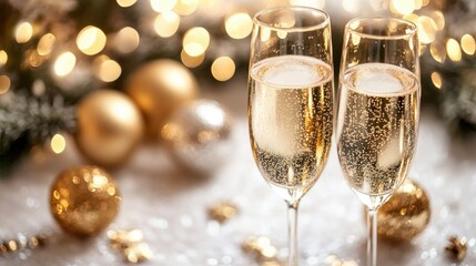 New Year's Eve champagne glasses filled with bright festive holiday lights