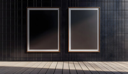 Two vertical empty poster frames on a black tiled wall with wooden floor. 3D Rendering