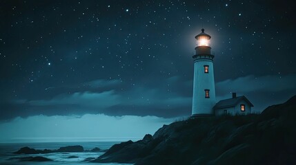 Nighttime coastal scene; illuminated tower, starry sky.