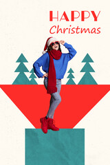 Composite 3D photo collage design trend sketch of young lady warm clothes sunglasses santa hat...