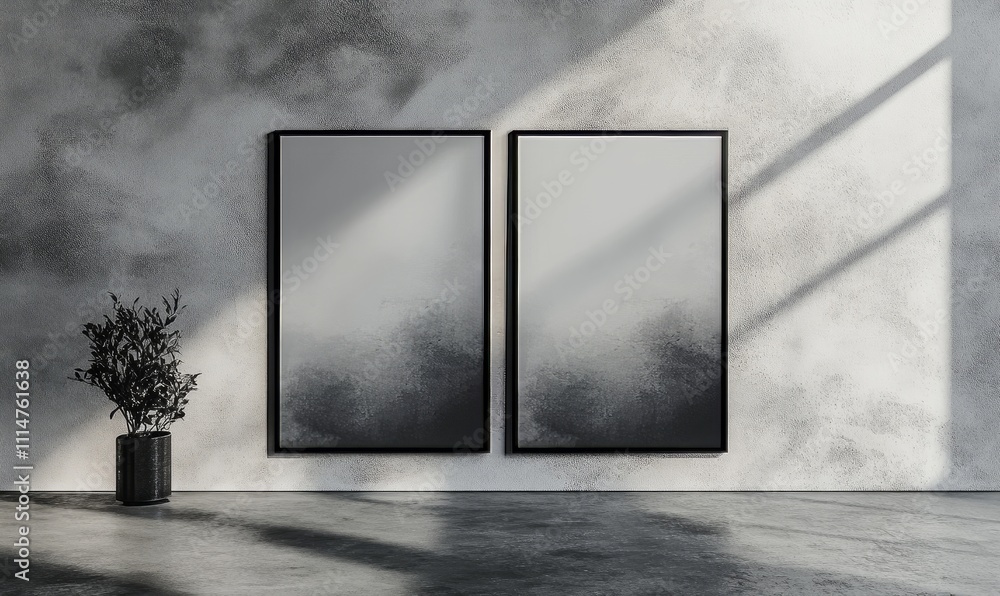 Poster a pair of vertical black frames mock up on concrete floor with light overlays. a pair of vertical bl