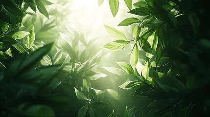 Sunlight filters through lush green leaves, creating a vibrant and tranquil scene.