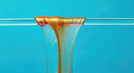 Thick, golden slime stretched on clear rod, set against blue background
