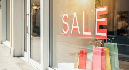 Storefront window display with sale sign and colorful shopping bags