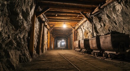 Obraz premium Illuminated underground mining tunnel with ore carts and wooden beams