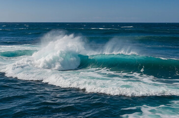 Fototapeta premium The ocean is calm and blue, with a large wave crashing against the shore