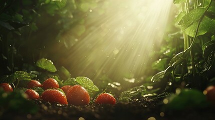   A cluster of strawberries perched atop a verdant, sun-dappled meadow