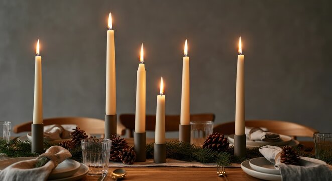 Elegant candlelit dinner table with seasonal decor and nature elements