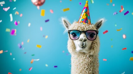 Happy Birthday, Llama! This adorable creature celebrates in style with a party hat and shades.
