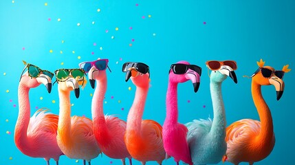 Six flamingos, each sporting colorful sunglasses, against a vibrant blue backdrop.  A fun, summery scene!
