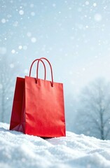 festive red shopping bag on snowy background. Christmas promotion, gift shopping, Super Saturday marketing campaign. sales poster mock up with copy space, discount flyer for seasonal advertising