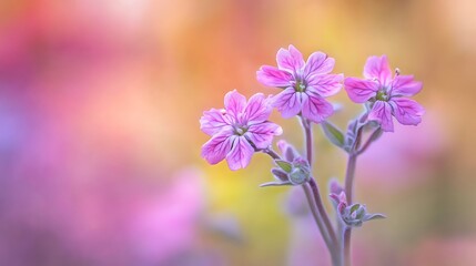 Obraz premium Delicate pink wildflowers bathed in soft, golden light. A dreamy floral scene.