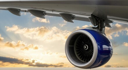 Close-up of airplane turbine engine during flight at sunset