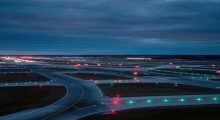 Twilight view of large airport runway system illuminated with colorful lights