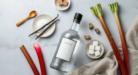 Vodka bottle with ingredients like rhubarb, sugar cubes, vanilla beans on marble surface