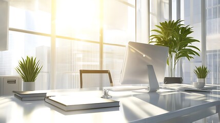 Fototapeta premium Sunlit modern office workspace with desktop computer and plants.