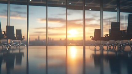 Empty office chairs face a stunning sunset cityscape. Golden hour light fills the room.