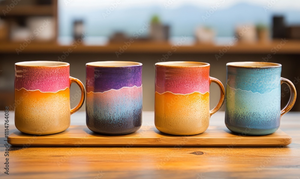 Poster A set of four colorful gradient mugs with unique designs, perfect for adding a splash of color to your kitchenware.