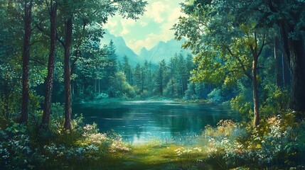 Serene forest lake scene with lush greenery and mountains in the background.