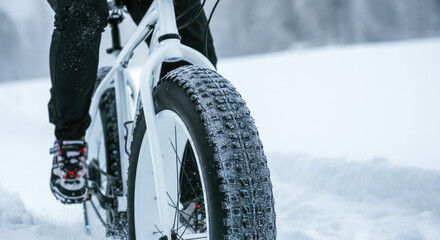 Naklejka premium Person riding fat-tire bike in snowy landscape