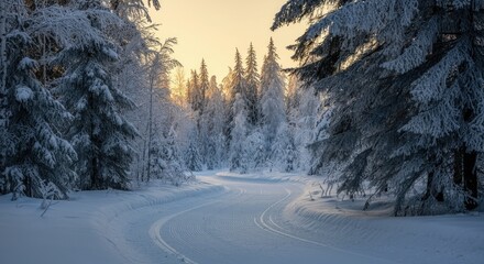 Obraz premium Winter forest with snow-covered trees and winding, sunlit path at dawn