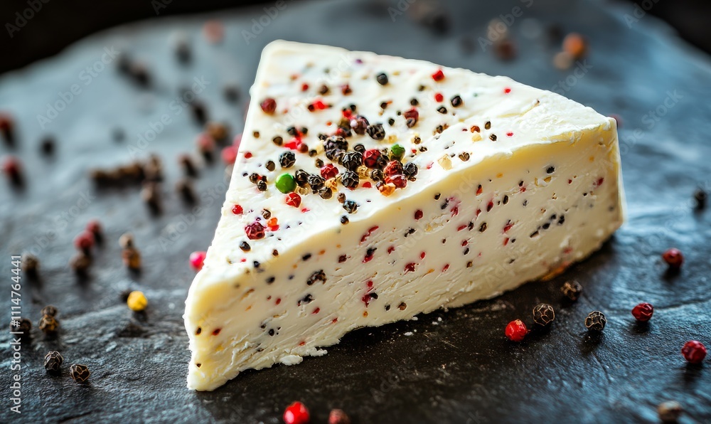 Poster a slice of creamy soft cheese adorned with a colorful mix of crushed peppercorns lending a y kick wi