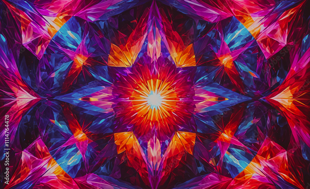 Poster colorful design with a red star in the center. the design is made up of many different colored shape