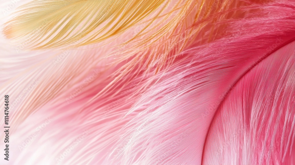 Poster beautiful pink and gold feathers are overlapping, creating a soft, delicate, and textured background