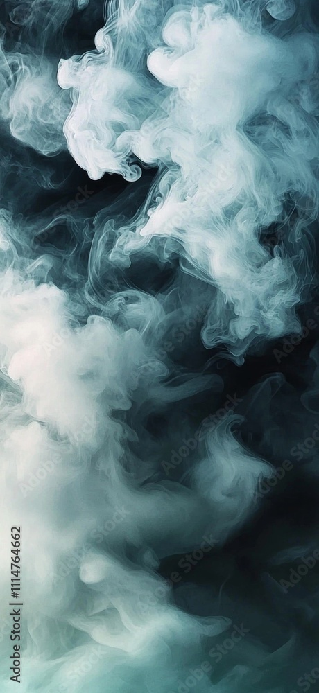 Poster white smoke swirling and flowing into abstract shapes against a dark background, creating a captivat